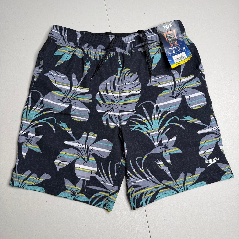 Speedo Mens Small Tech Volley Swim Shorts Tropical Floral Navy New